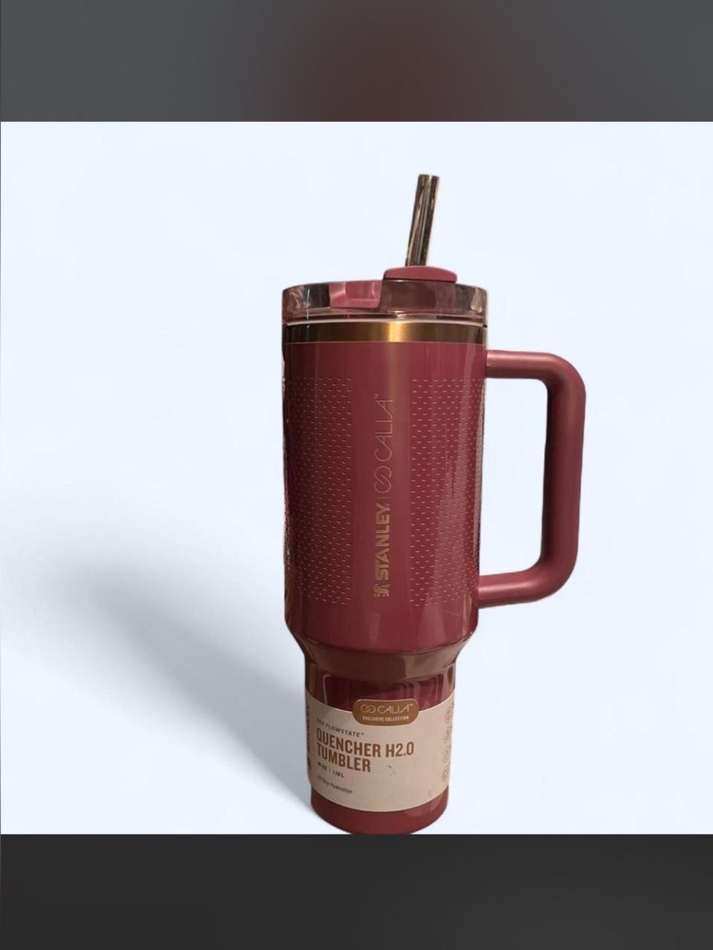 Stanley Calia Burgundy Travel Tumbler with Gold Accent and Handle